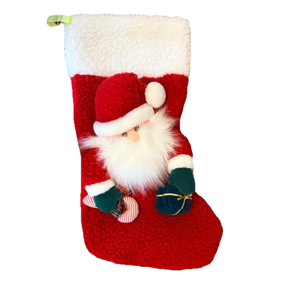 Vintage Christmas Stocking Santa Claus Plush Sherpa Red White Holiday Decor